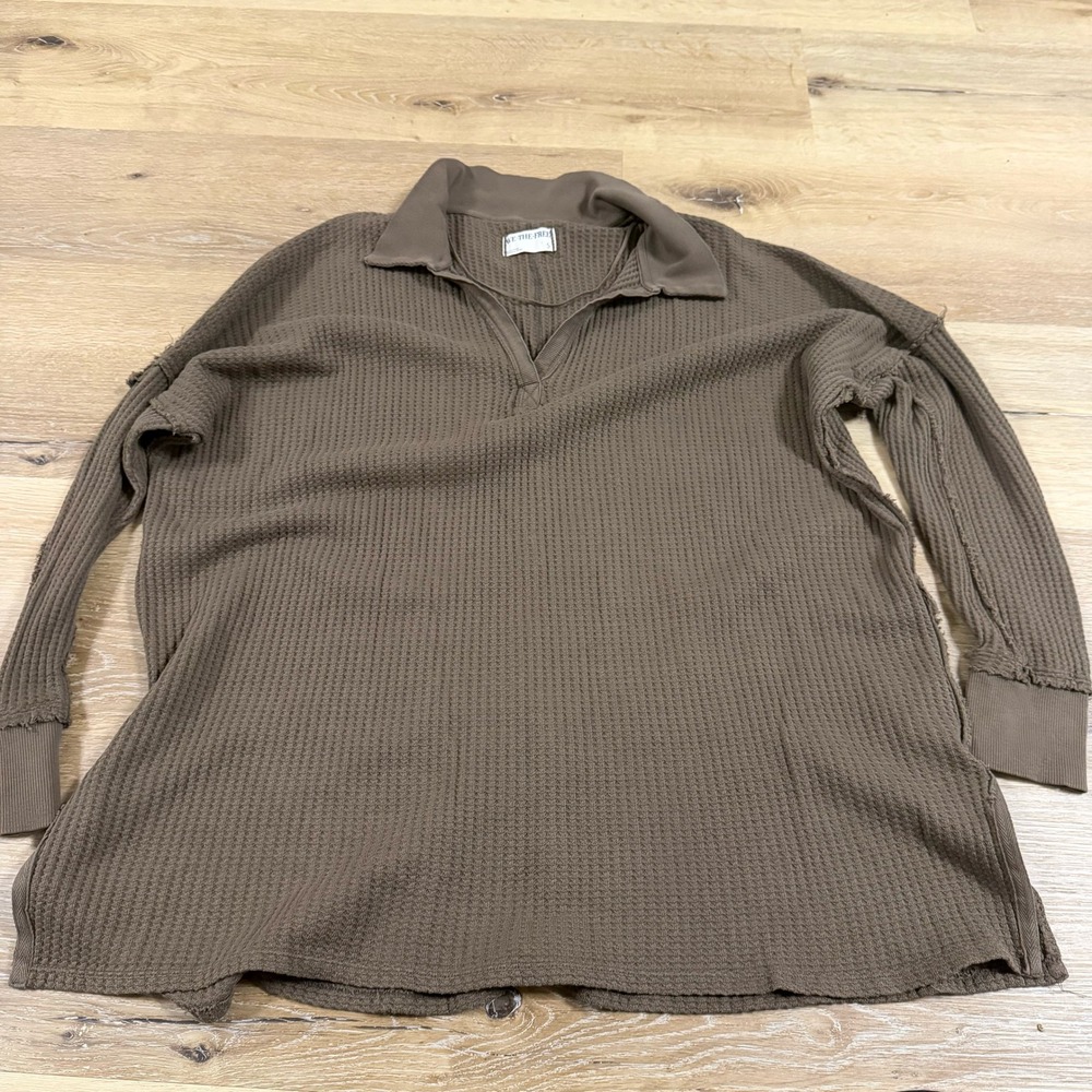 Free People We The Free Brown Waffle Knit Thermal Polo Top Small Oversized Boho